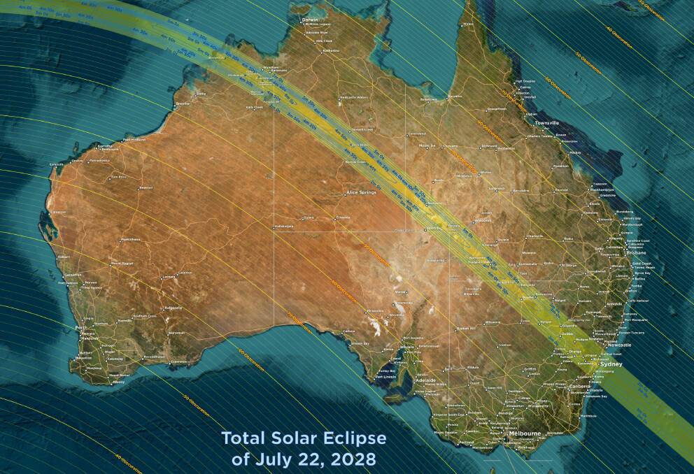 The path of totality for the 2028 total solar eclipse over Australia. Picture by Michael Zeiler/GreatAmericanEclipse.com
