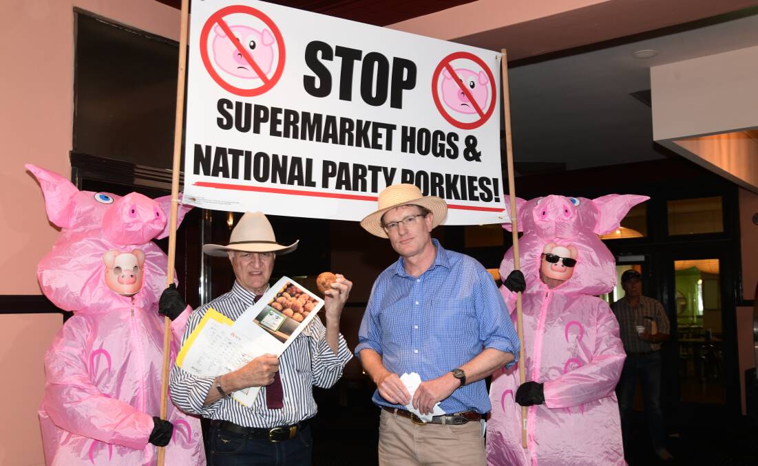 Bob Katter and Andrew Gee staged a press conference during the Senate Select inquiry into supermarket practices. Picture by Carla Freedman.
