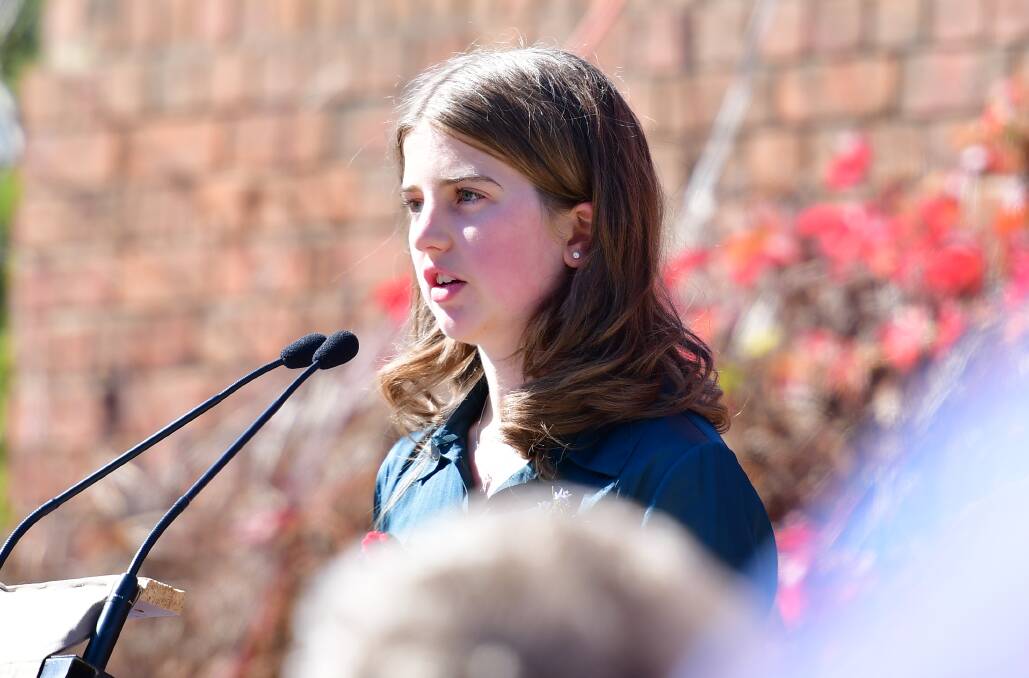 Bathurst youth mayor Jasmyn Nankervis speaks to the crowd at Thursday's Anzac Day service. Picture by Bradley Jurd