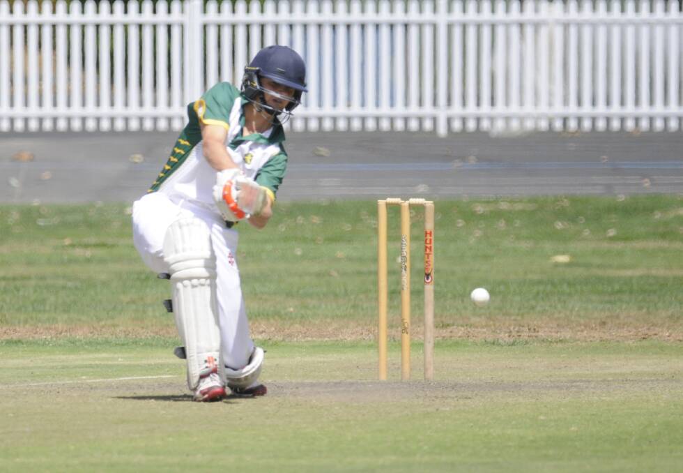 WHACK: Ben Mitchell scored 13 runs (not out) for Bathurst under 16s, in the Mitchell Cricket Council semi-final against Lithgow on Sunday, at the Bathurst Sportsground. Photo: CHRIS SEABROOK 022617cu16s1