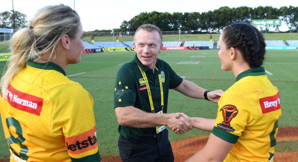 ANNILIATION: Brad Donald congratulates his Jillaroos team after a big 88-0 win over Canada on Wednesday afternoon. Photo: NRL PHOTOS 