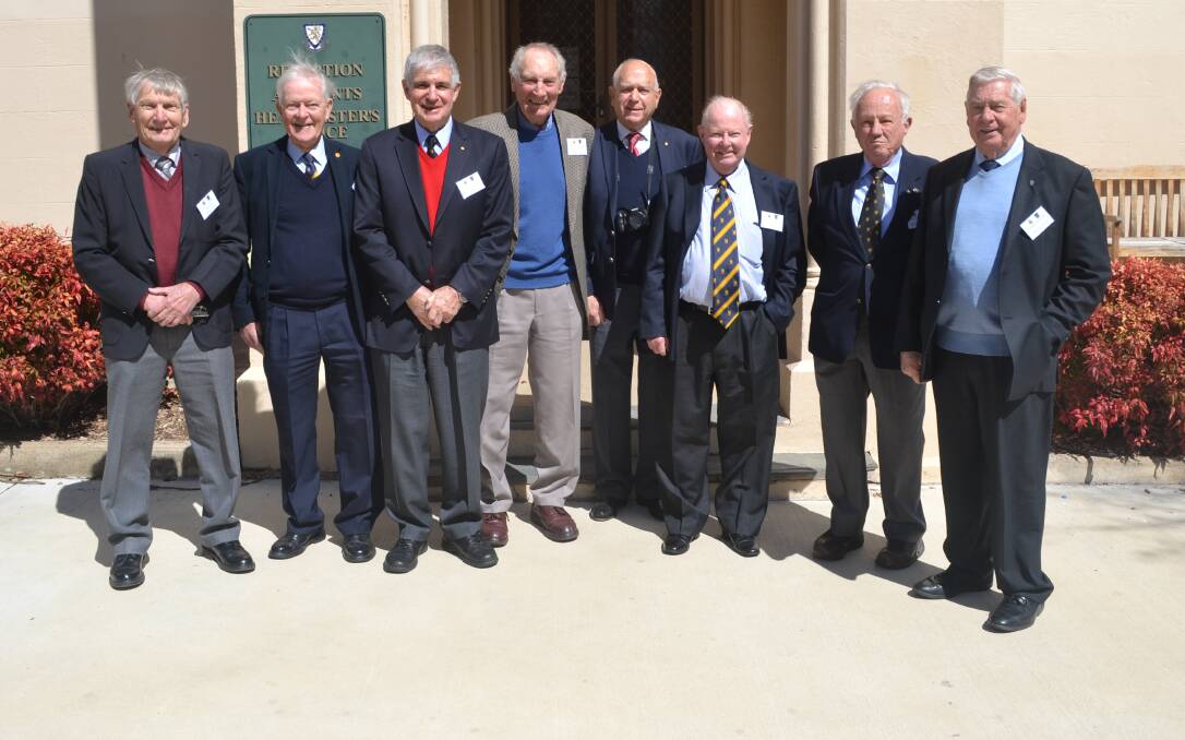 CELEBRATION DAY: Eight of 19 students that travelled from Sydney to found The Scots School in 1942. One old boy was absent on the day. Photo: BRADLEY JURD 090717bjscots