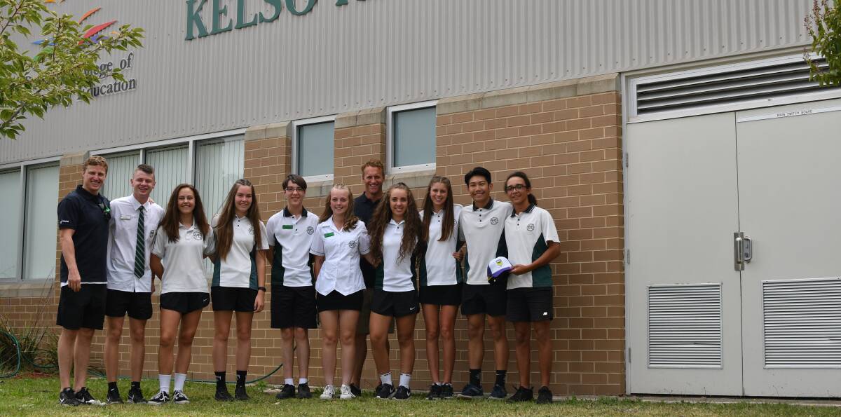 ON SHOW: Kelso High Campus students with former National Rugby League players Brett Finch and Mark Gasiner, on their trip to the school on Thursday. Photo: ALEXANDER GRANT