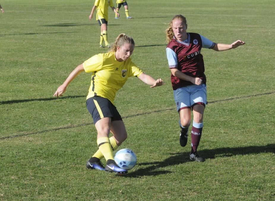 ACTION: Western NSW Mariners FC's new signing, Jasmine Courtney, on the ball, against APIA Leichhardt Tigers at Proctor Park on Sunday. 