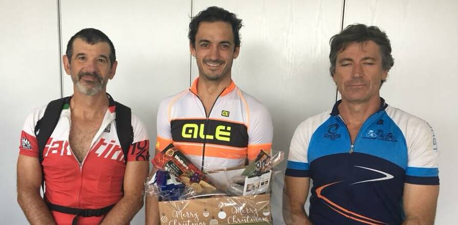 PODIUM: Tony Barlow, Andrew Carter and Steve Scott, who finished second, first and third respectively in the B grade Bathurst Cycling Club Christmas Hamper on Sunday. 