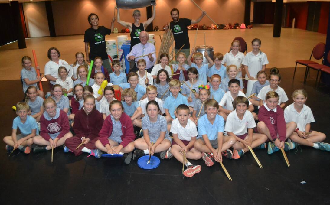MUSIC FUN: Year 3 and 4 students from O'Connell Public School, with the Junkyard Beats team. Photo: BRADLEY JURD