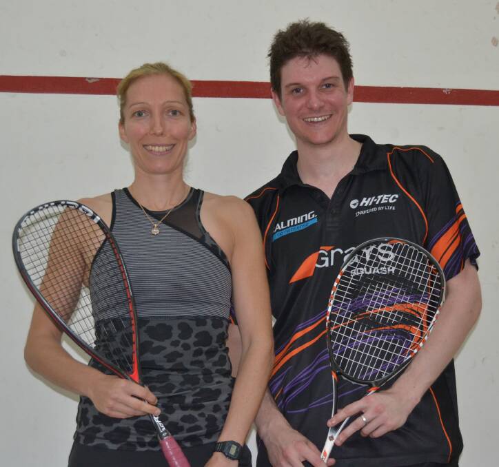 POWER PLAY: Madeline Perry and Matthew Karwalski claimed bragging rights at the 2016 Bathurst Panthers Squash Open. Photo: BRADLEY JURD 101716squash1