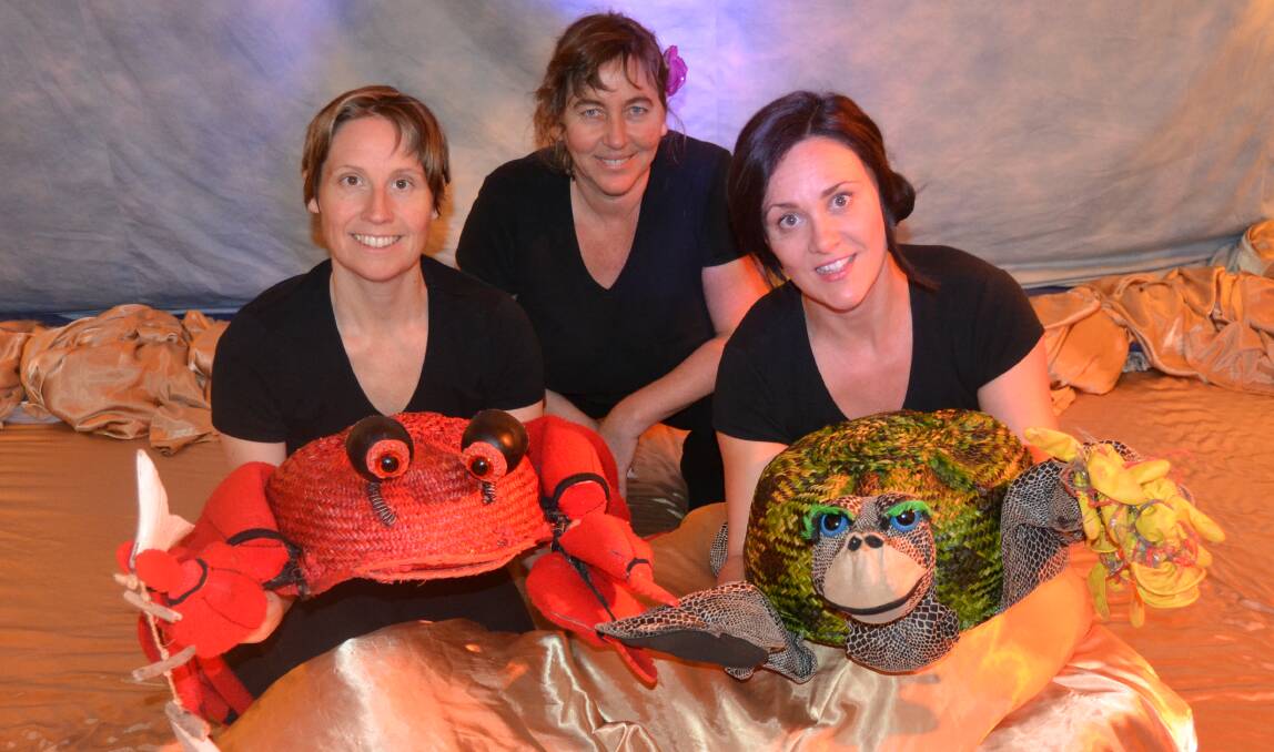 SHOWTIME: Bec Bradley, as Crab, Sensorium Theatre co-artistic director Michelle Hovane and Amity Culver, as Turtle. Photo: BRADLEY JURD 062017bjpuppet 