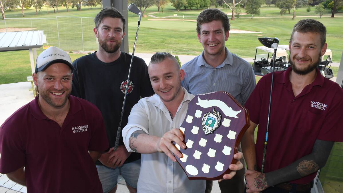 MATESHIP: Josh Arrow, Brodie McLean, Dylan Sinclair, Justin Mobbs and Barry Froebel, with the John Rendell Memorial Shield. 