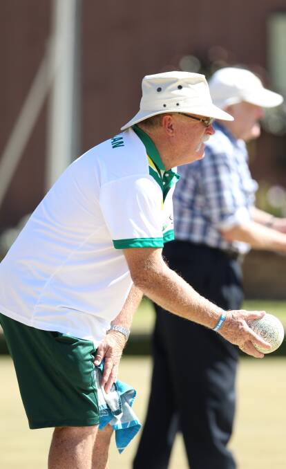 On the Green: Ron Mcgarry  in the major minor pairs at Majellan bowls club. Pic Phil Blatch.