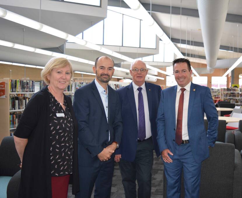 REOPENED: Library Manager Patou Clerc, Director Cultural and Community Services Alan Cattermole, Mayor Graeme Hanger OAM and Paul Toole MP.
