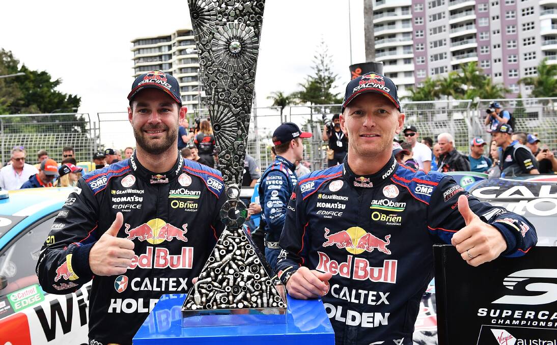THUMBS UP: Shane Van Gisbergen and Alex Premat celebrate their victory in the Gold Coast 600 last weekend, becoming the first international team to win the Enduro Cup. Photo: GETTY IMAGES.