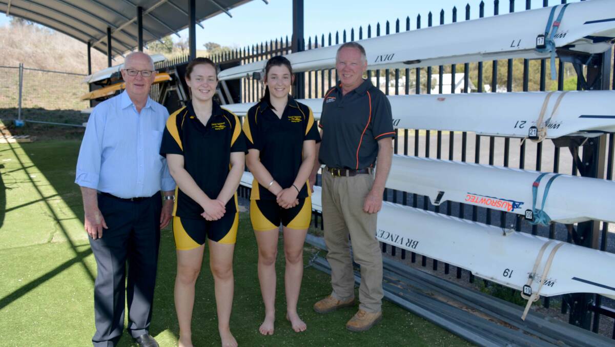 UNDER CONSTRUCTION: Mayor Graeme Hanger with Niamh Newton, Maya Brooking and Philip LeBreton at the shed to be used for storing rowing club equipment.