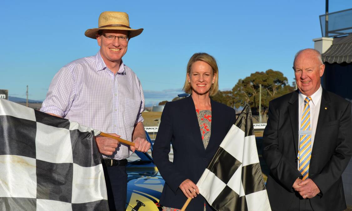 REVVING UP: Member for Calare Andrew Gee, Minister for Regional Development Fiona Nash and mayor Graeme Hanger at Mount Panorama.