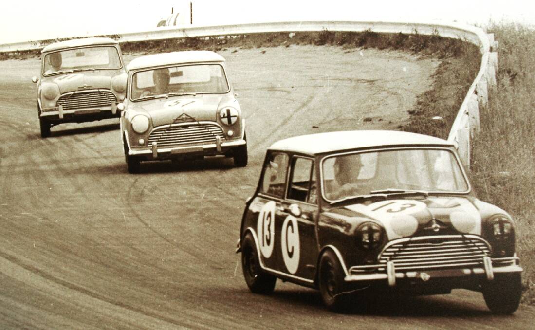 THE GOOD OLD DAYS: The winning Aaltonen/Holden Mini leads the Minis of Gregory/Smith and Cray/Holland down the Esses in the 1966 Gallaher 500. Photo: CONTRIBUTED