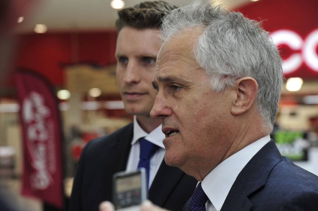 Andrew Hastie with Malcolm Turnbull during the Canning byelection in September 2015. Photo: Richard Polden.