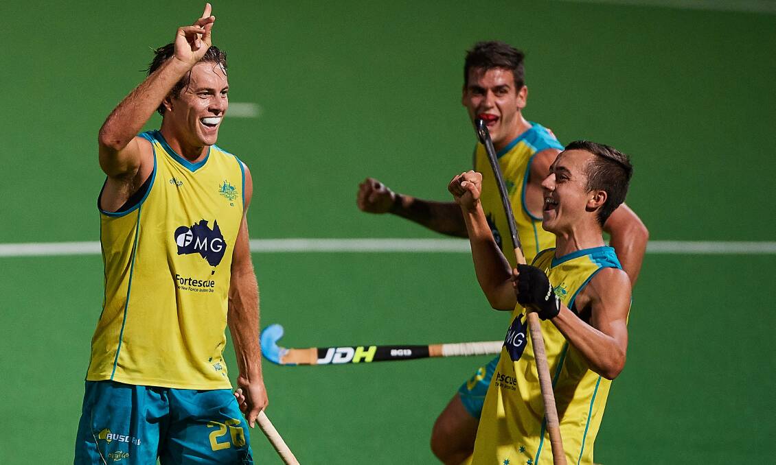 GOALS GALORE: Lachlan Sharp celebrating his first international goals against the Netherlands. Picture: DANIEL CARSON.