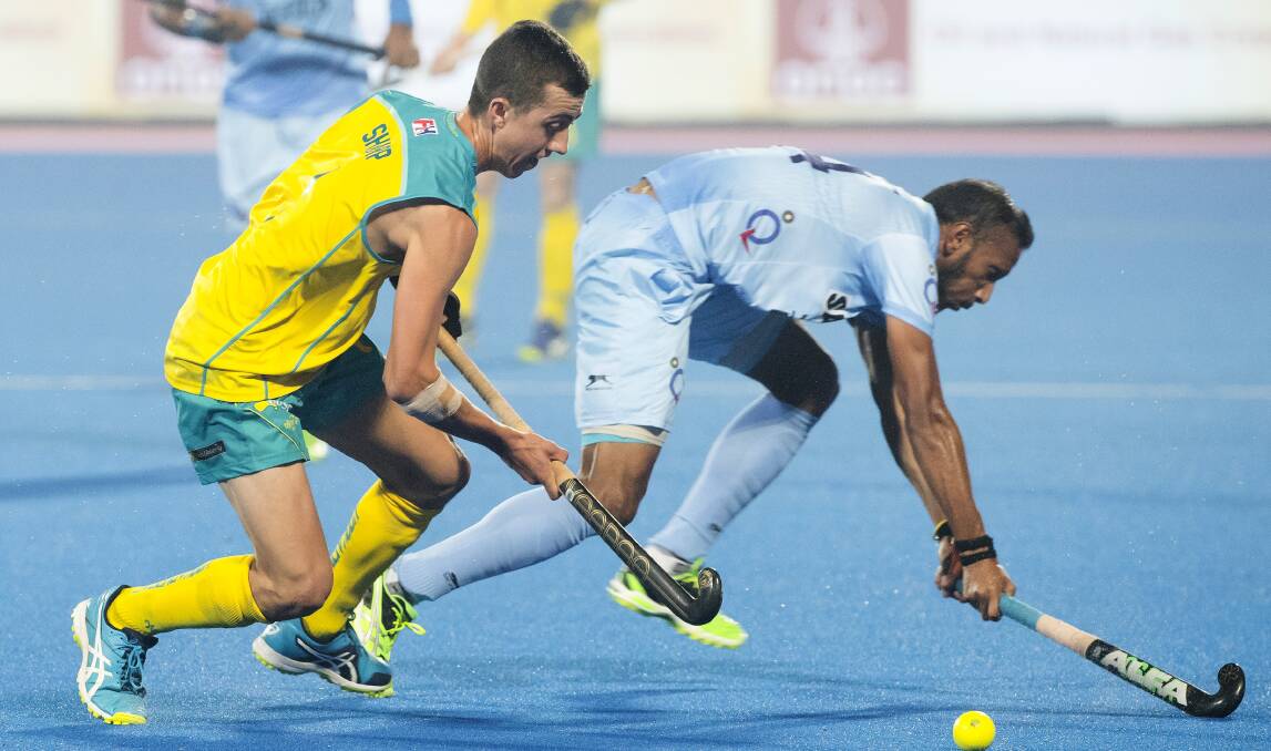 CHASING THE DREAM: Lithgow's Lachlan Sharp playing against the Netherlands earlier this year. Picture: GRANT TREEBY/ HOCKEY AUSTRALIA.