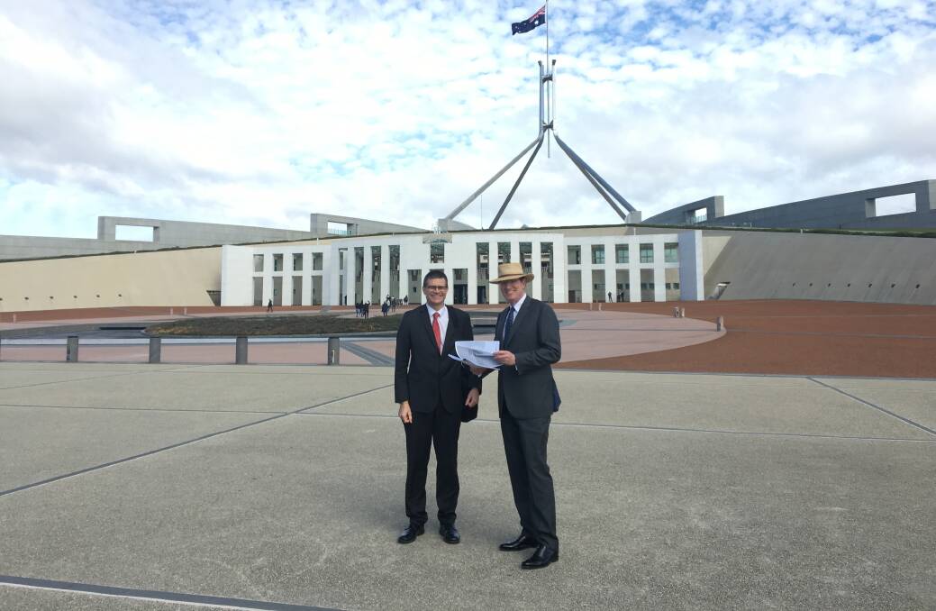 AT THE GATE: Charles Sturt University vice-chancellor Professor Andrew Vann and member for Calare Andrew Gee at Parliament House lobbying for the Murray Darling Medical School. 