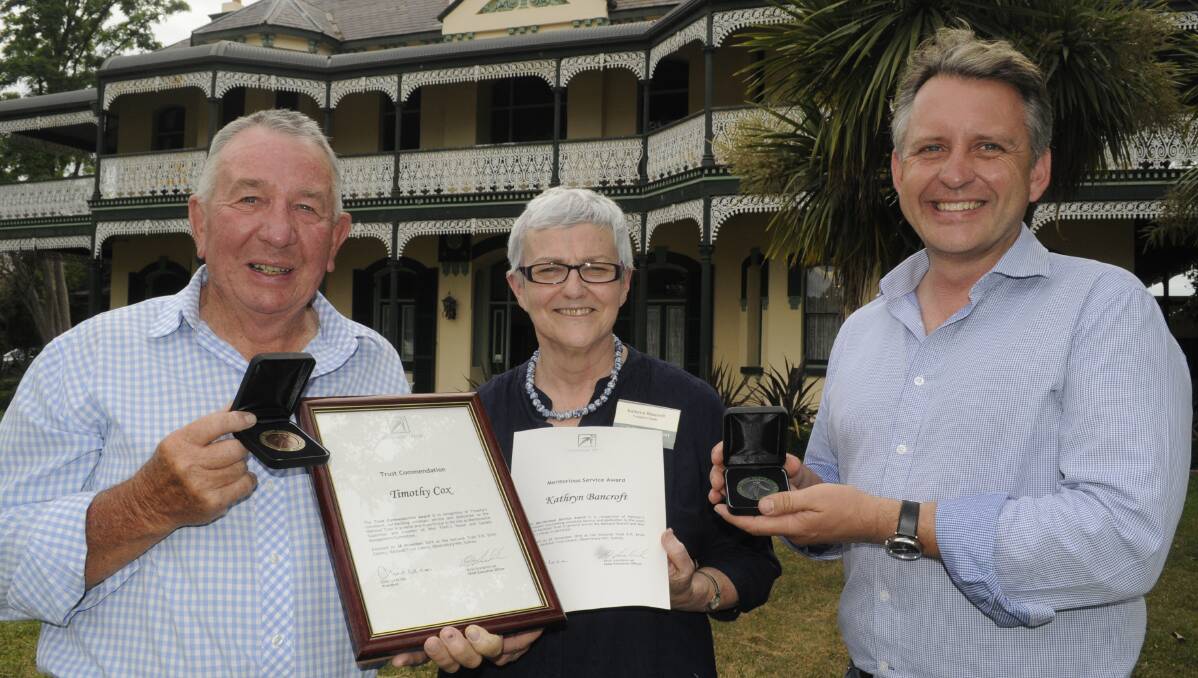 HONOURED: Award recipients Tim Cox and Kathryn Bancroft with National Trust NSW properties manager Richard Silink at "Woolstone", Kelso. Photo: CHRIS SEABROOK 120416cnatrust1