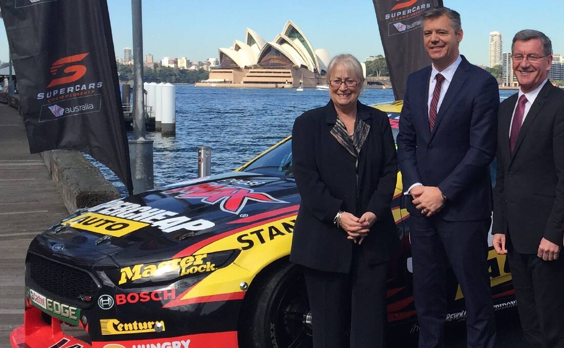 PLANS: Destination NSW's Sandra Chipchase, Supercars Australia's James Warburton and Bathurst mayor Gary Rush at the unveiling of plans to honour Peter Brock.