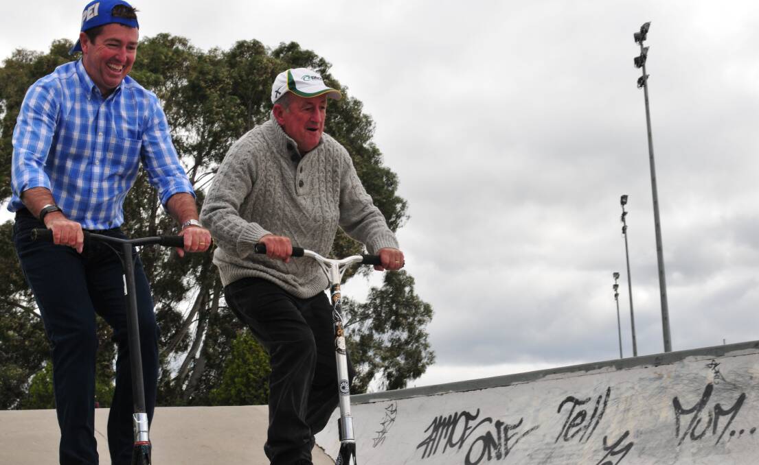 BEGINNERS: Member for Bathurst Paul Toole and Cr Bobby Bourke at the Bathurst Skate Park earlier this year when funding was announced for its expansion.