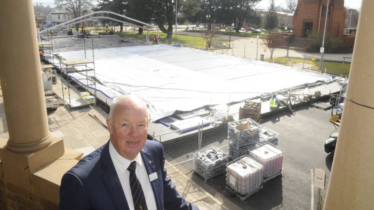 SKATE EXPECTATIONS: Mayor Graeme Hanger was on-site this week as the ice rink for the Bathurst Winter Festival started to take shape. Photo: CHRIS SEABROOK