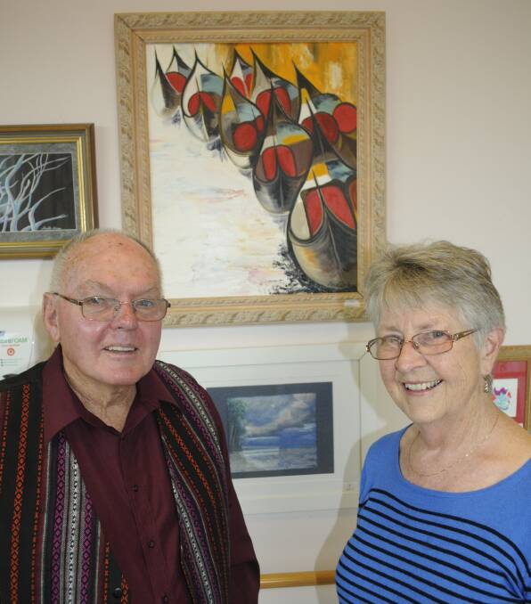 THEY WERE THERE: Errol Milless, from Portland, with Sr Carmel Carroll RSM at the art exhibition. 083116cathrn5