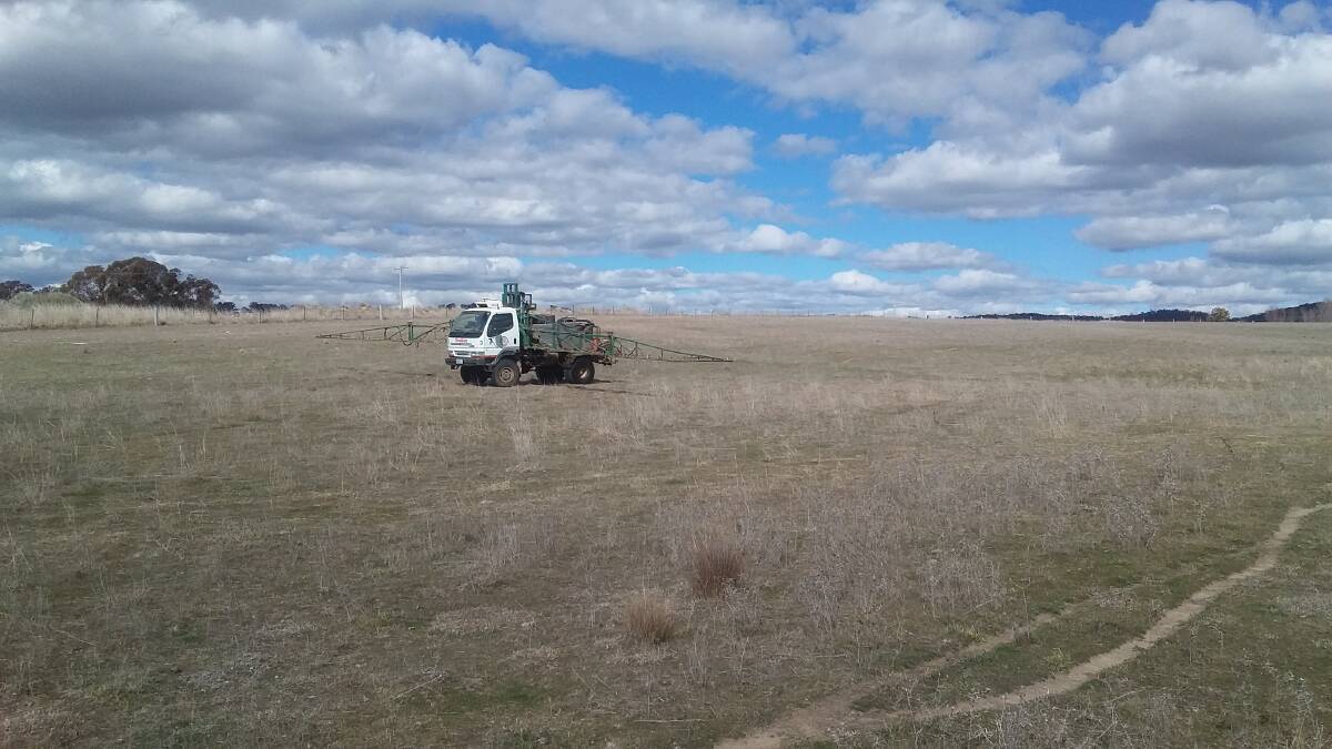 BOOM TIMES: Scott Miller has kept busy driving Tim Mendham’s boom spray rig for broadleaf weed control on Tablelands pastures.