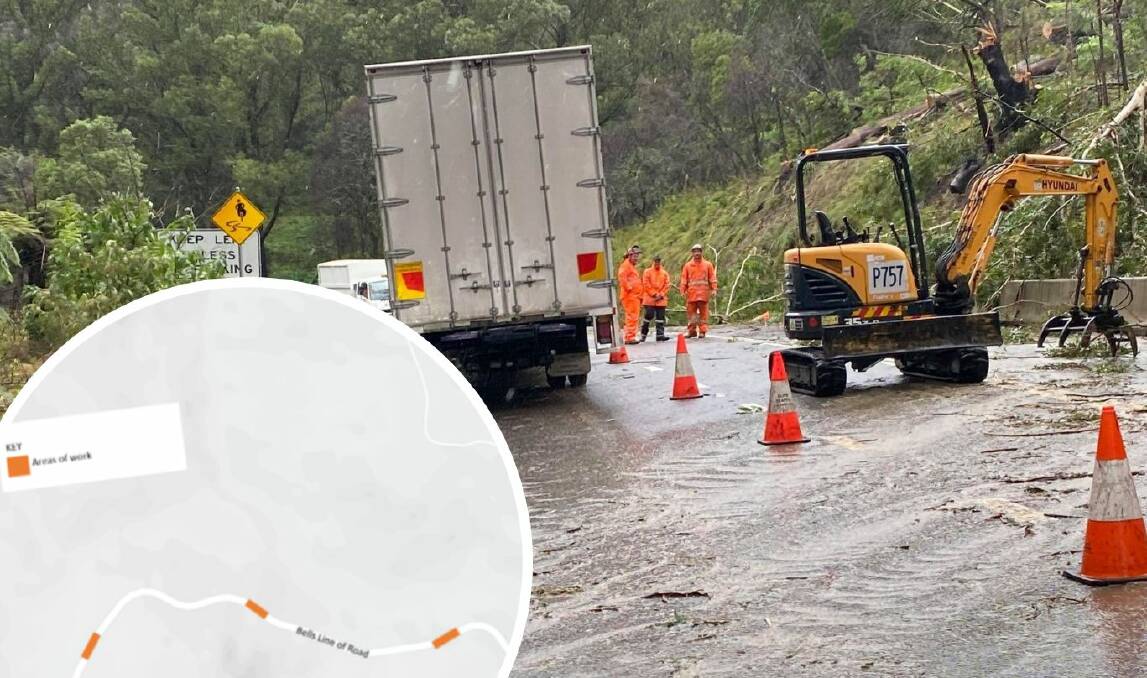 Crews work on Bells Line of Road in March 2021 after heavy rain caused landslips (picture from Hawkesbury City Council) and (inset) part of the location for new work on the road (picture from Transport for NSW).