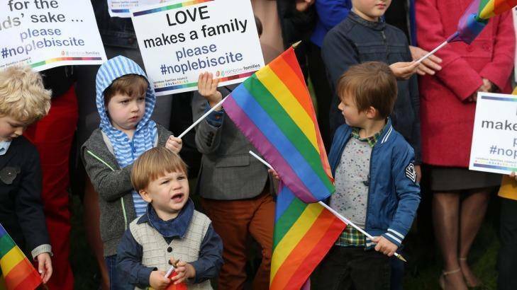 Rainbow Families opposed to a plebiscite on same sex marriage outside Parliament House in Canberra in September 2016. Photo: Andrew Meares