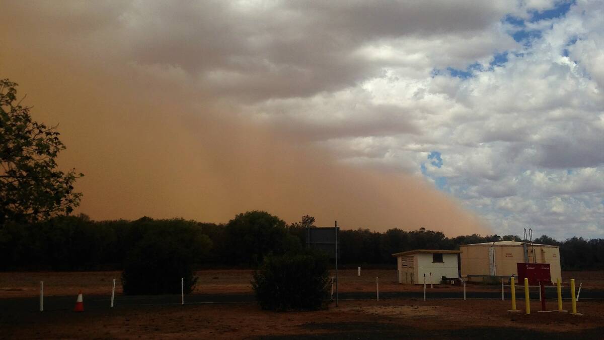 A view of the dust storm rolling in towards the Charleville airport. Photo by Alan MacDonald.