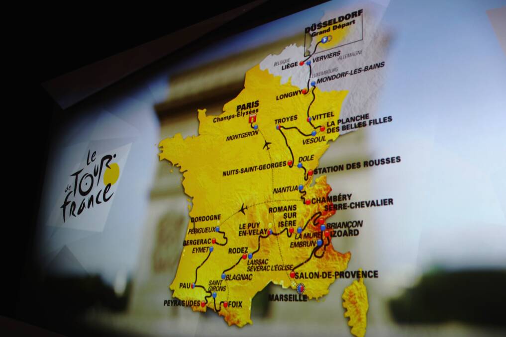 The race route map is displayed during Le Tour de France 2017 Route Announcement at the Palais des Congres on October 18, 2016 in Paris, France. (Photo by Michael Steele/Getty Images)