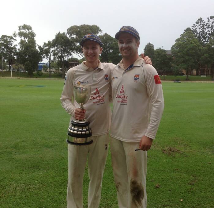 MILESTONE: Ben Trevor-Jones (left), pictured with Max Hope after a second grade premiership win for Sydney University, notched up his 1,000th first grade run for the club on Saturday. IMG_2077