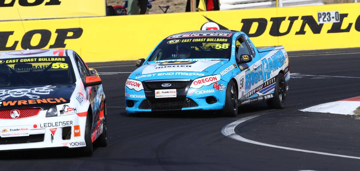 IN PURSUIT: Ryal Harris chases hard to try and catch Nathan Pretty in race three of the V8 Utes' Bathurst round. Photo: PHIL BLATCH