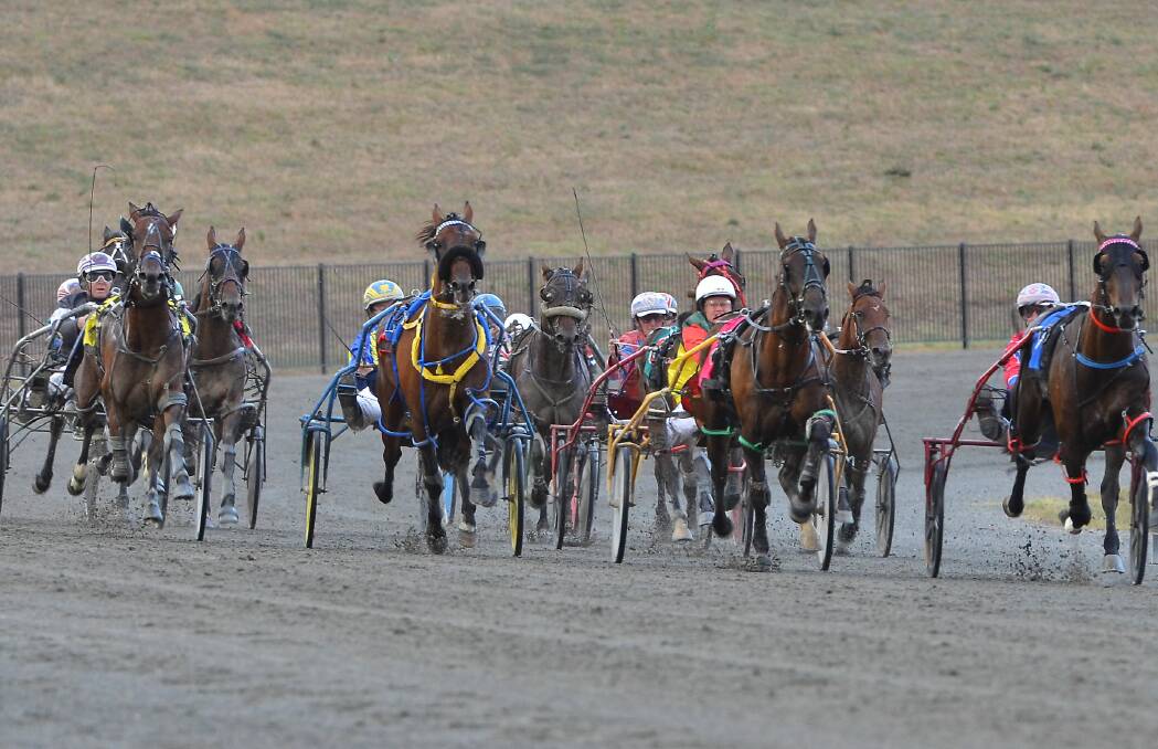 ON THE CHARGE: Jason Turnbull makes his move with Miss Rodriguez (left) four wide down the home straight at the Bathurst Paceway. Photo: ANYA WHITELAW