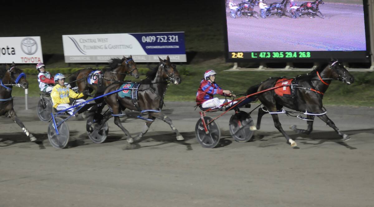 UP AND ATOM: Amanda Turnbull guides Atomic Red to victory in the Gold Chalice Final on Saturday night at the Bathurst Paceway. Photo: CHRIS SEABROOK 032517crown6