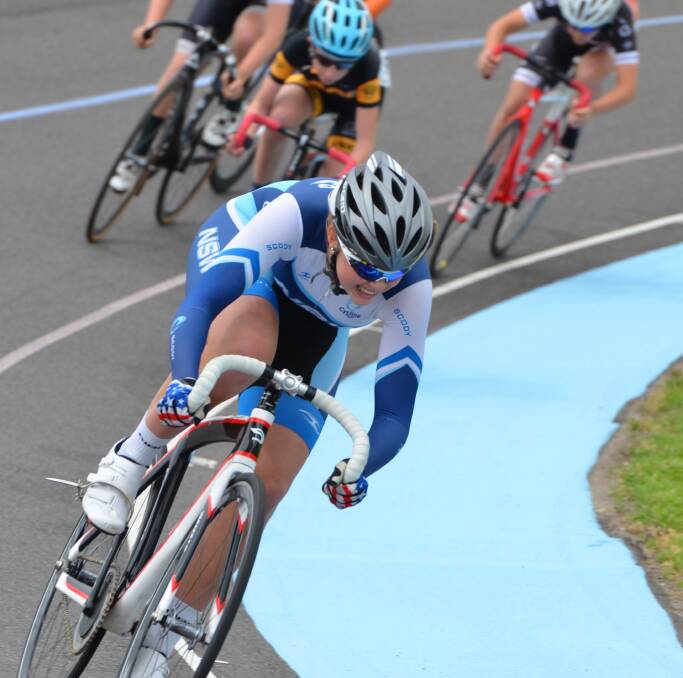 LEADING THE WAY: Bathurst Cycling Club and Western Region Academy of Sport talent Tyler Puzicha in sprint mode during Saturday's Bathurst Track Open. Photo: ANYA WHITELAW