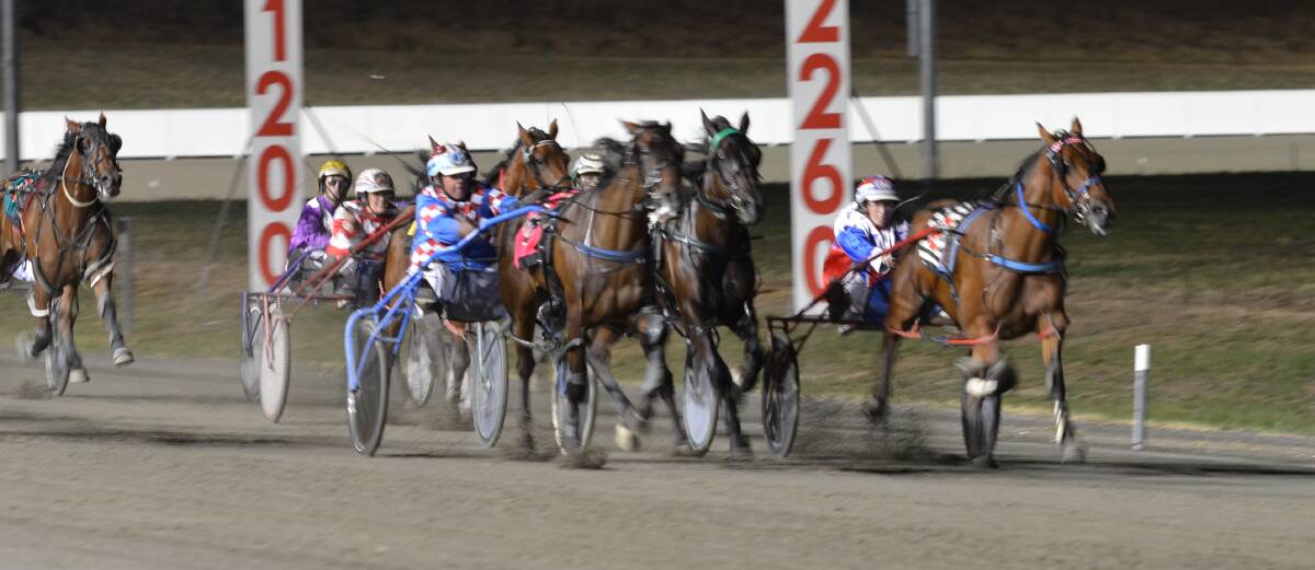 HEAT IN ON: Amanda Turnbull steers Quinzel (#2) down the home straight in a Gold Tiara heat at the Bathurst Paceway on Wednesday night. Photo: ANYA WHITELAW