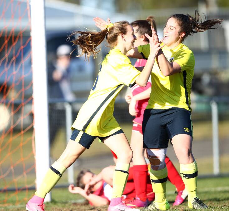 ON TARGET: Both Cushla Rue (left) and Jess Salomoni found the back of the net on Sunday as the Western NSW Mariners crushed Parramatta 9-0. Photo: PHIL BLATCH