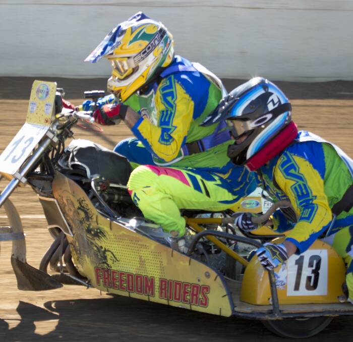 BRING IT ON: Bathurst sidecar race Sean Griffiths will pair with swinger Paul Cooper for the Australian Senior Dirt Track titles next month. Photo: BILL MACFARLANE 051716griffiths