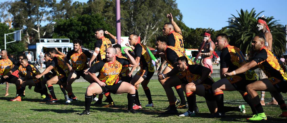 SPECIAL MOMENT: Trent Rose leads the First Nation Goannas in their war cry on Saturday at Redfern Oval. The Goannas beat New Zealand Maori 22-16. Photo: NRL PHOTOS/NATHAN HOPKINS