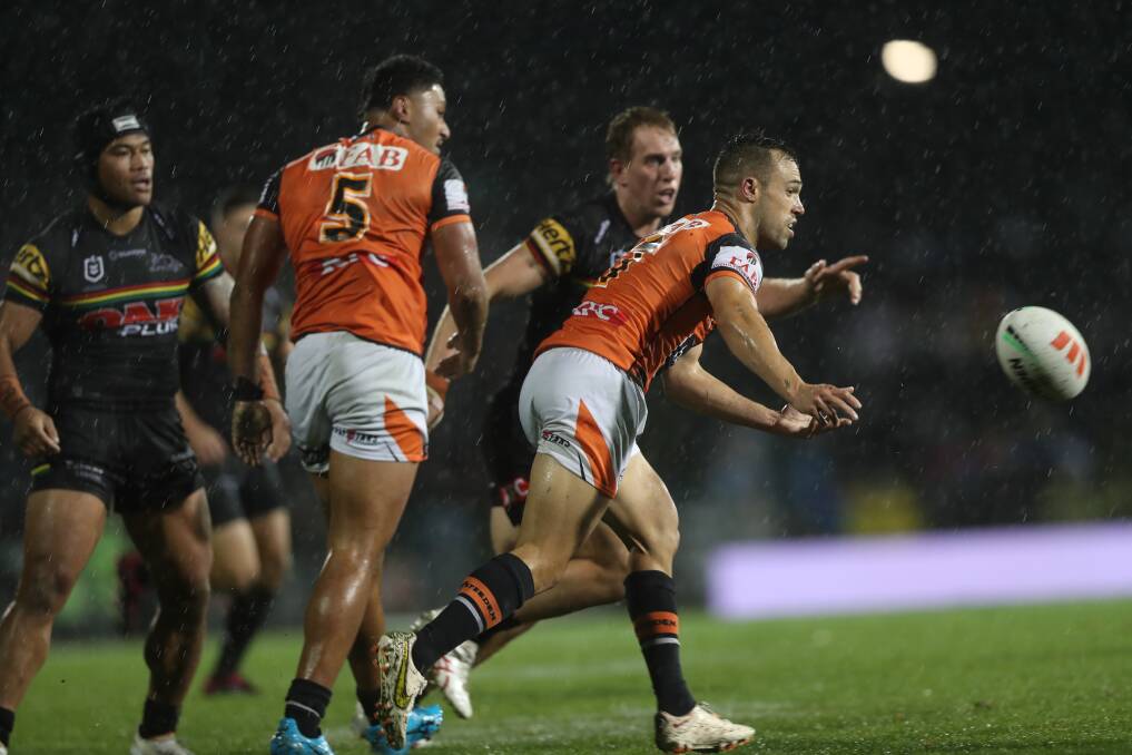 Wests halfback Luke Brooks produced his best match of the season to inspire the Tigers to a shock win over Penrith. Picture by Phil Blatch