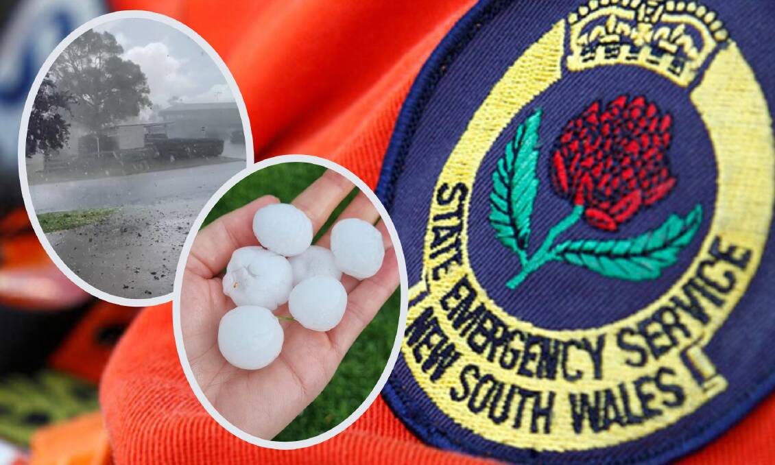 A NSW SES badge and (insets from left) the storm that whipped through Orange and golf ball-sized hailstones as shown by Tara Swiatkiwsky on the NSW Storm Watch Facebook page. 