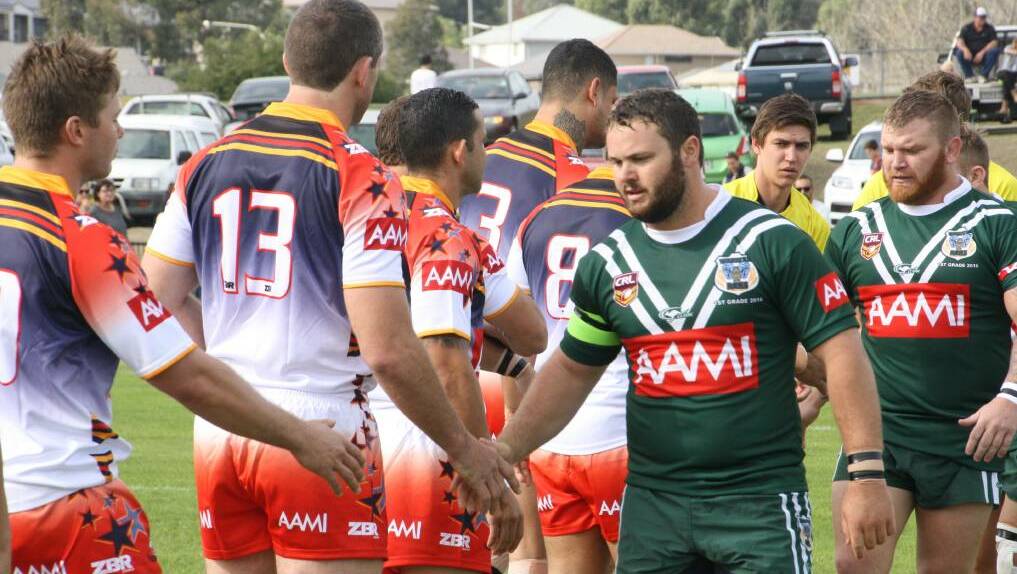 Western Rams players Jacob Neill and Luke Thompson couldn't save their side form defeat on Saturday. Photo: CRL