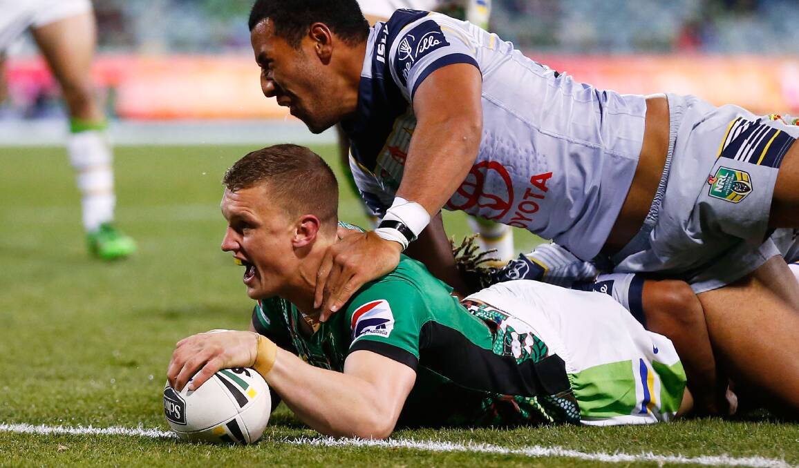 OH YEAH: Jack Wighton crosses for one of his two tries in the Raiders' big win over the Cowboys on Monday night. Photo: GETTY IMAGES
