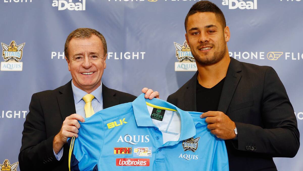 Jarryd Hayne and Titans CEO Graham Annesley during a press conference at Gold Coast Airport on August 3, 2016 in Gold Coast, Australia. Photo: Jason O'Brien/Getty Images