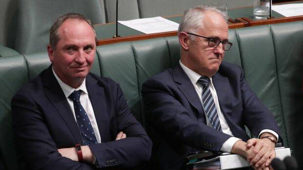 Deputy Prime Minister Barnaby Joyce with Prime Minister Malcolm Turnbull during question time on Monday. Photo: Andrew Meares