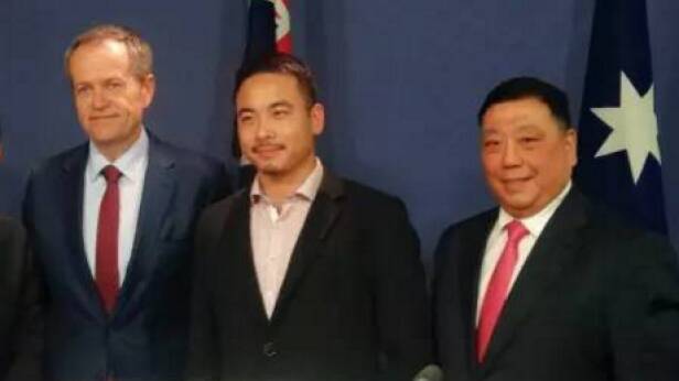 Federal Opposition Leader Bill Shorten with Simon Zhou (centre), who is now campaigning to become mayor of Ryde in Sydney, and NSW Labor MP Ernest Wong at a 2016 election press conference. Photo: Supplied
