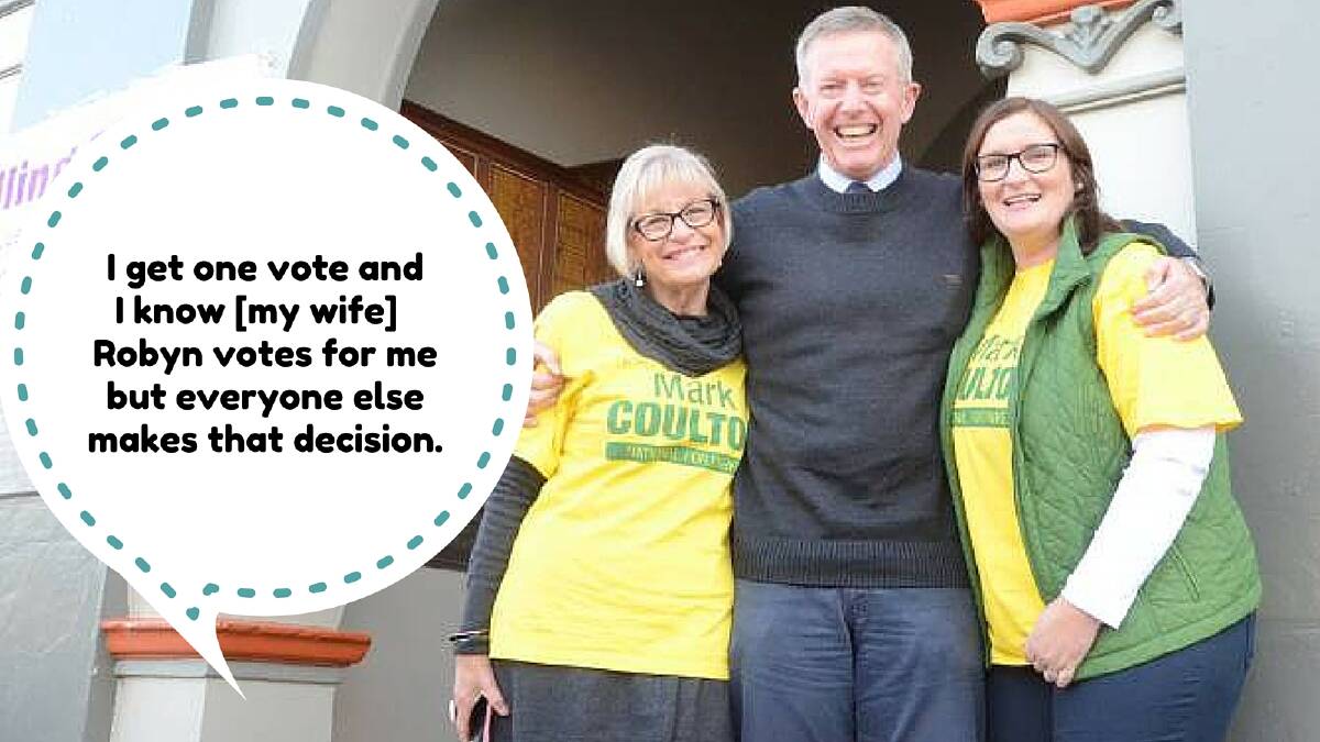 Incumbent Parkes MP Mark Coulton, with wife Robyn and former staffer Sarah Mitchell outside Gunnedah Town Hall. Picture: Ella Smith